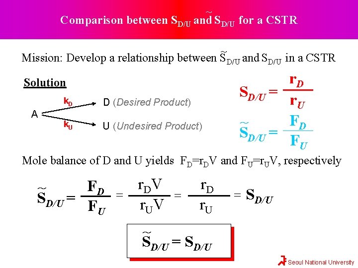 ~ Comparison between SD/U and SD/U for a CSTR ~ Mission: Develop a relationship