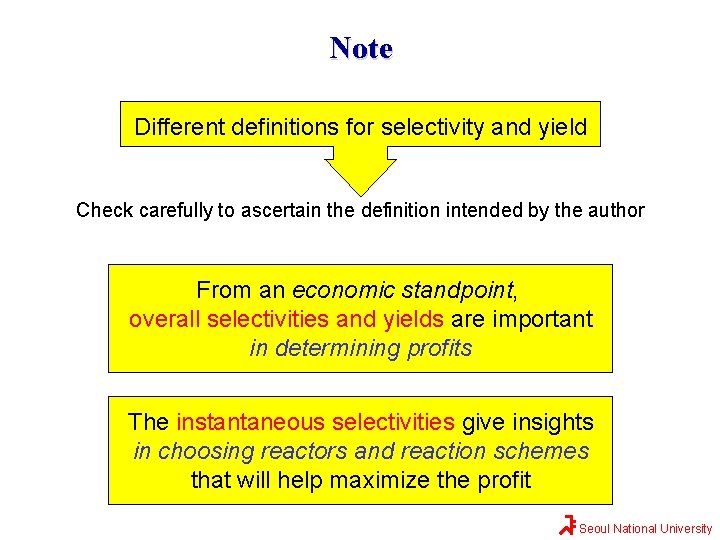 Note Different definitions for selectivity and yield Check carefully to ascertain the definition intended