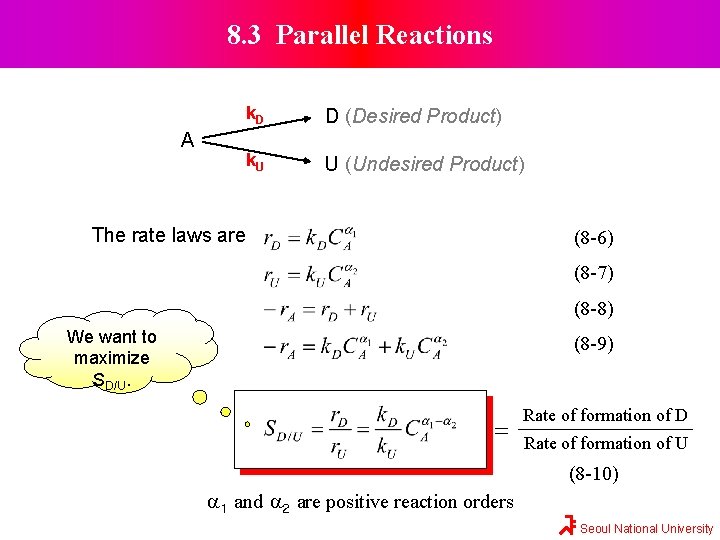 8. 3 Parallel Reactions A k. D D (Desired Product) k. U U (Undesired