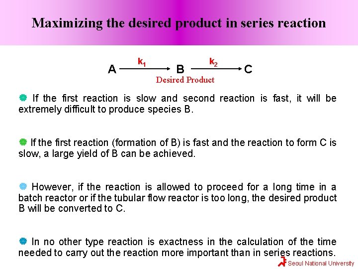 Maximizing the desired product in series reaction A k 1 B k 2 Desired