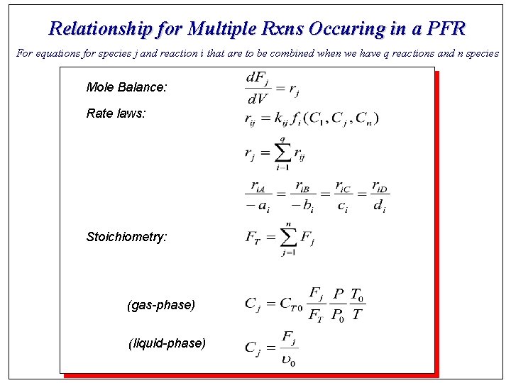 Relationship for Multiple Rxns Occuring in a PFR For equations for species j and