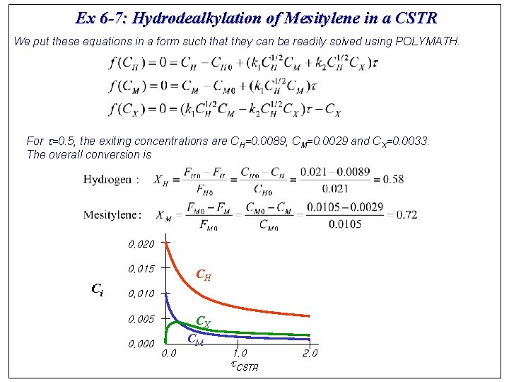 Ex 6 -7: Hydrodealkylation of Mesitylene in a CSTR We put these equations in