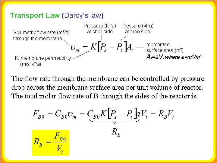 Transport Law (Darcy’s law) Volumetric flow rate (m 3/s) through the membrane Pressure (k.