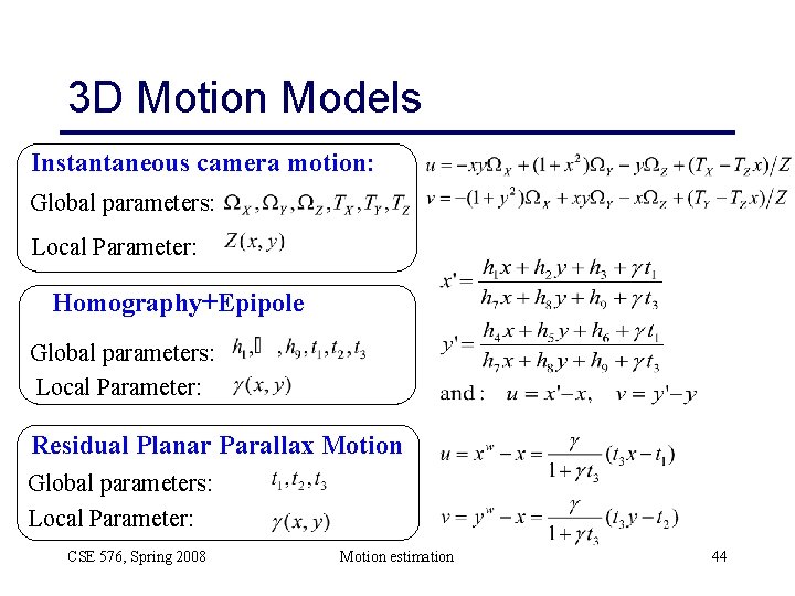 3 D Motion Models Instantaneous camera motion: Global parameters: Local Parameter: Homography+Epipole Global parameters: