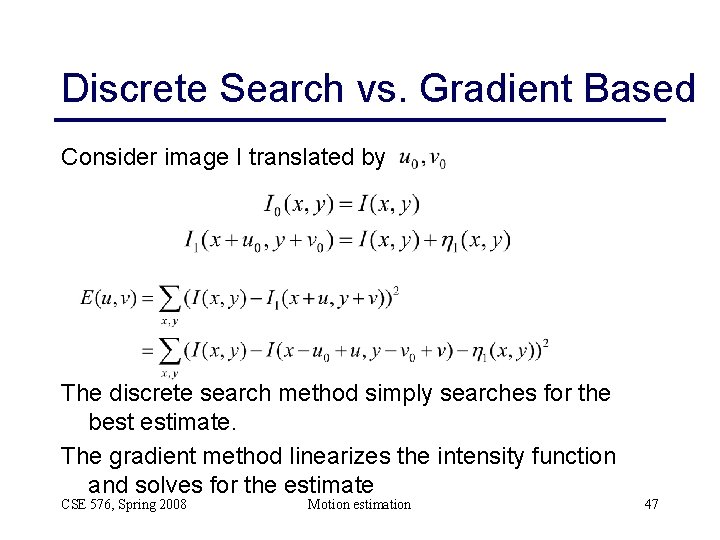 Discrete Search vs. Gradient Based Consider image I translated by The discrete search method