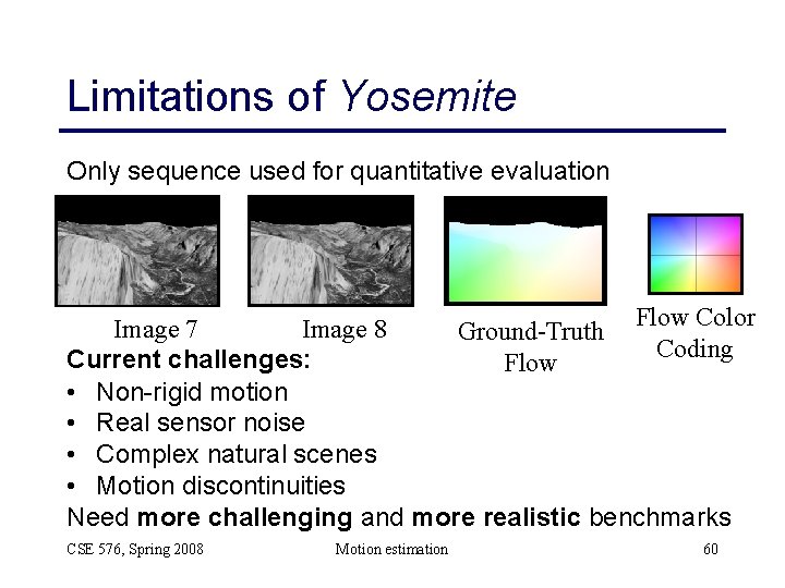 Limitations of Yosemite Only sequence used for quantitative evaluation Flow Color Image 7 Image