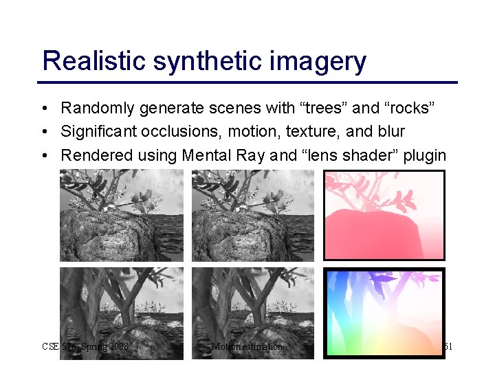 Realistic synthetic imagery • Randomly generate scenes with “trees” and “rocks” • Significant occlusions,