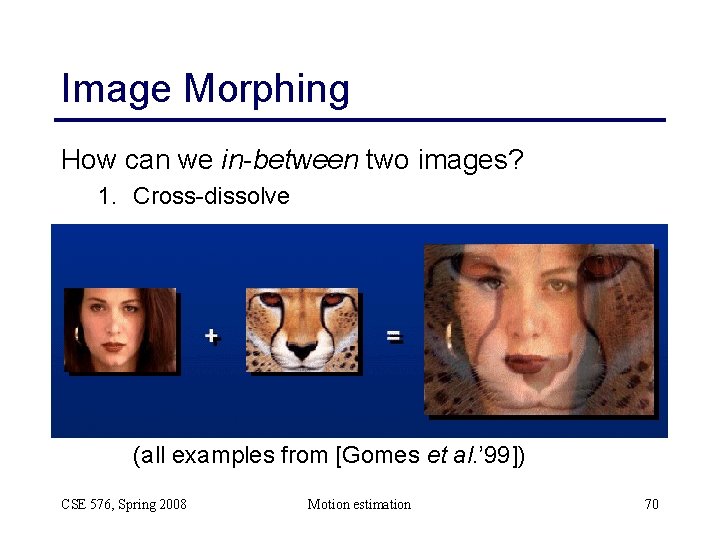 Image Morphing How can we in-between two images? 1. Cross-dissolve (all examples from [Gomes