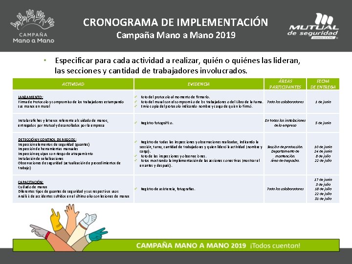 CRONOGRAMA DE IMPLEMENTACIÓN Campaña Mano 2019 • Especificar para cada actividad a realizar, quién