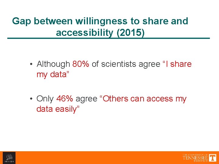 Gap between willingness to share and accessibility (2015) • Although 80% of scientists agree