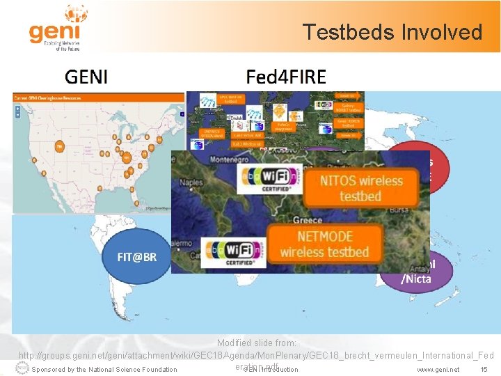 Testbeds Involved Modified slide from: http: //groups. geni. net/geni/attachment/wiki/GEC 18 Agenda/Mon. Plenary/GEC 18_brecht_vermeulen_International_Fed eration.