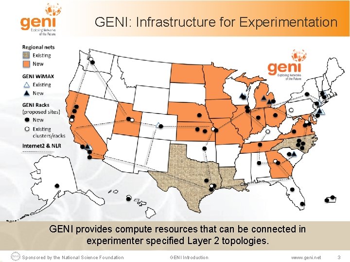 GENI: Infrastructure for Experimentation GENI provides compute resources that can be connected in experimenter