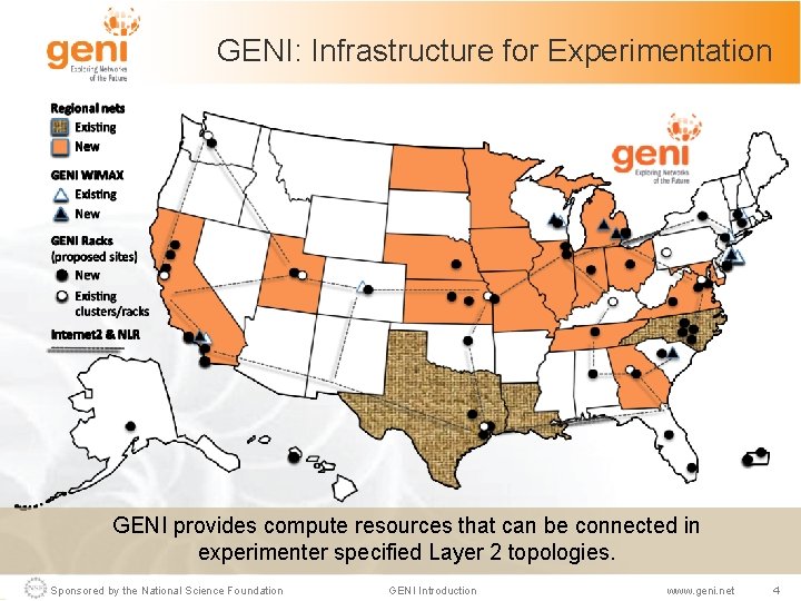 GENI: Infrastructure for Experimentation GENI provides compute resources that can be connected in experimenter