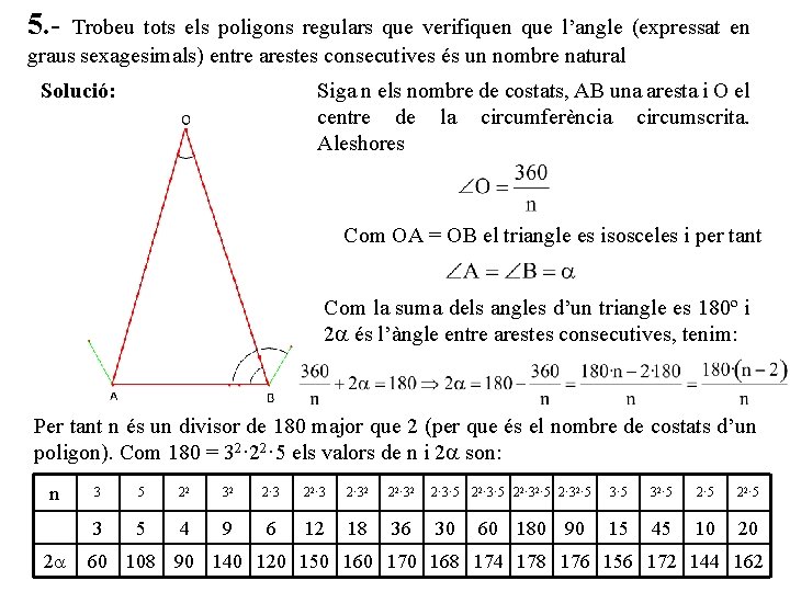 5. - Trobeu tots els poligons regulars que verifiquen que l’angle (expressat en graus