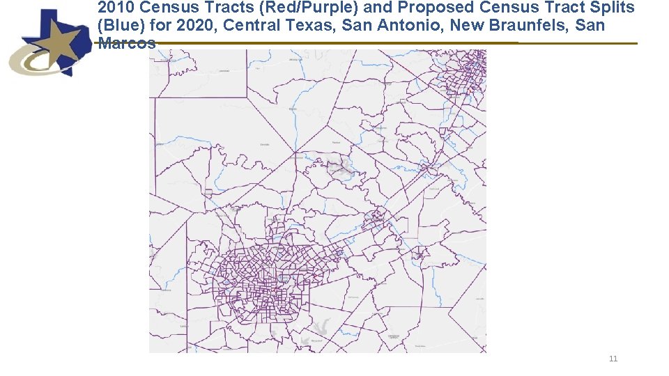 2010 Census Tracts (Red/Purple) and Proposed Census Tract Splits (Blue) for 2020, Central Texas, 2010 Census Tracts (Red/Purple) and Proposed Census Tract Splits (Blue) for 2020, Central Texas,