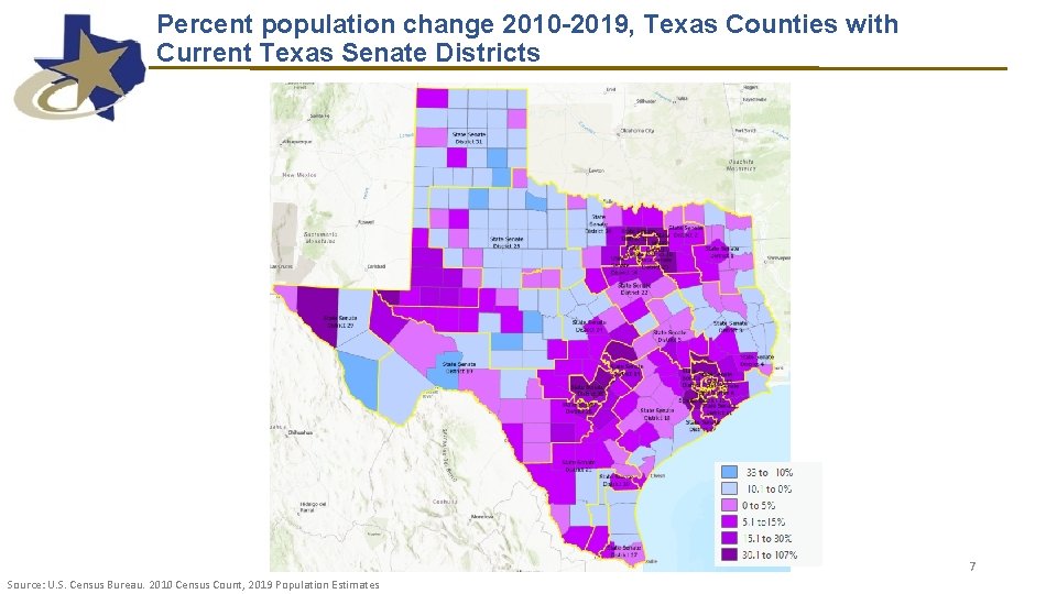 Percent population change 2010 -2019, Texas Counties with Current Texas Senate Districts 7 Source: Percent population change 2010 -2019, Texas Counties with Current Texas Senate Districts 7 Source: