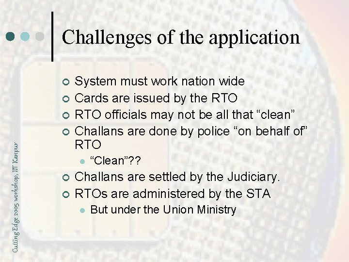 Challenges of the application ¢ ¢ ¢ Cutting Edge 2005 workshop, IIT Kanpur ¢