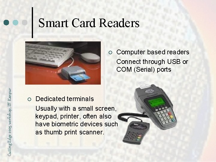 Smart Card Readers Cutting Edge 2005 workshop, IIT Kanpur ¢ ¢ Computer based readers