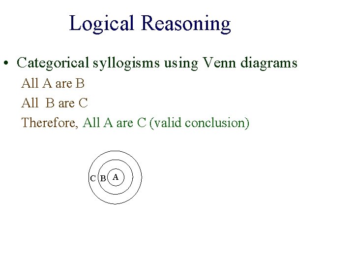 Logical Reasoning • Categorical syllogisms using Venn diagrams All A are B All B