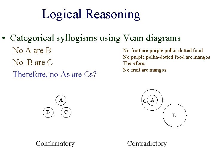 Logical Reasoning • Categorical syllogisms using Venn diagrams No A are B No B