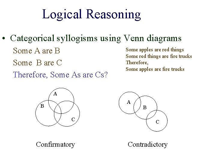 Logical Reasoning • Categorical syllogisms using Venn diagrams Some A are B Some B