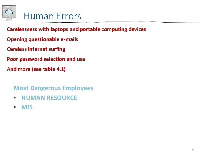 Human Errors Carelessness with laptops and portable computing devices Opening questionable e-mails Careless Internet