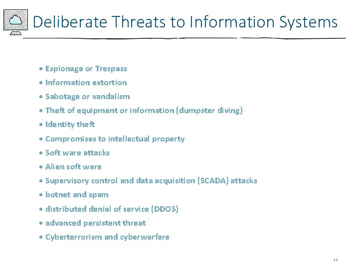 Deliberate Threats to Information Systems • Espionage or Trespass • Information extortion • Sabotage