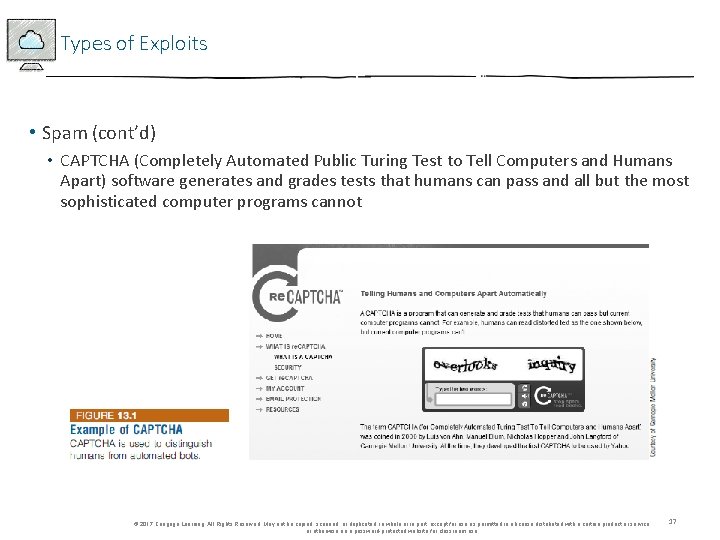 Types of Exploits • Spam (cont’d) • CAPTCHA (Completely Automated Public Turing Test to