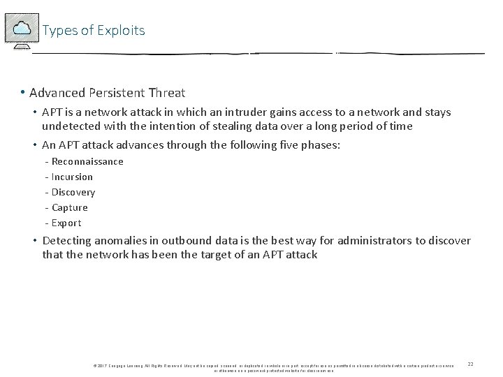 Types of Exploits • Advanced Persistent Threat • APT is a network attack in