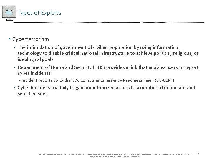 Types of Exploits • Cyberterrorism • The intimidation of government of civilian population by