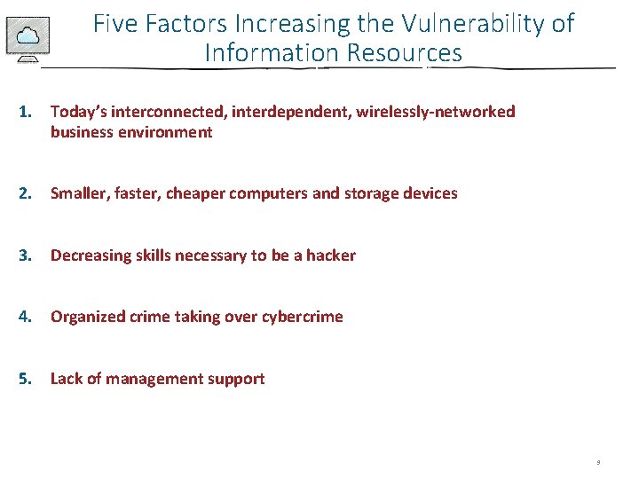 Five Factors Increasing the Vulnerability of Information Resources 1. Today’s interconnected, interdependent, wirelessly-networked business