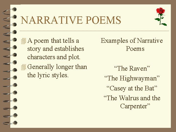 NARRATIVE POEMS 4 A poem that tells a story and establishes characters and plot.