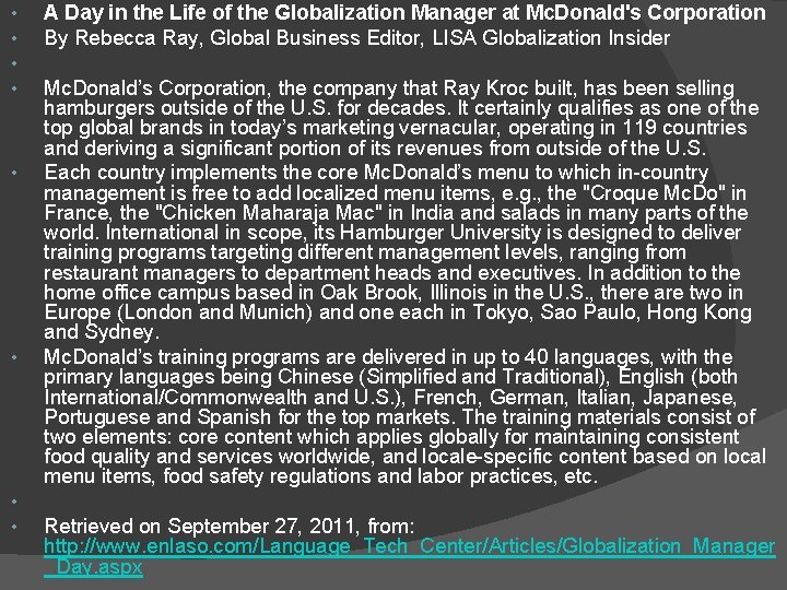  • • A Day in the Life of the Globalization Manager at Mc.