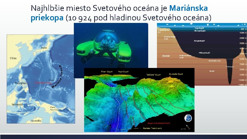 Najhlbšie miesto Svetového oceána je Mariánska priekopa (10 924 pod hladinou Svetového oceána) 