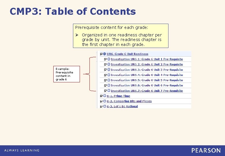 CMP 3: Table of Contents Prerequisite content for each grade: Ø Organized in one