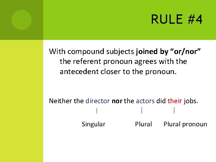 RULE #4 With compound subjects joined by “or/nor” the referent pronoun agrees with the