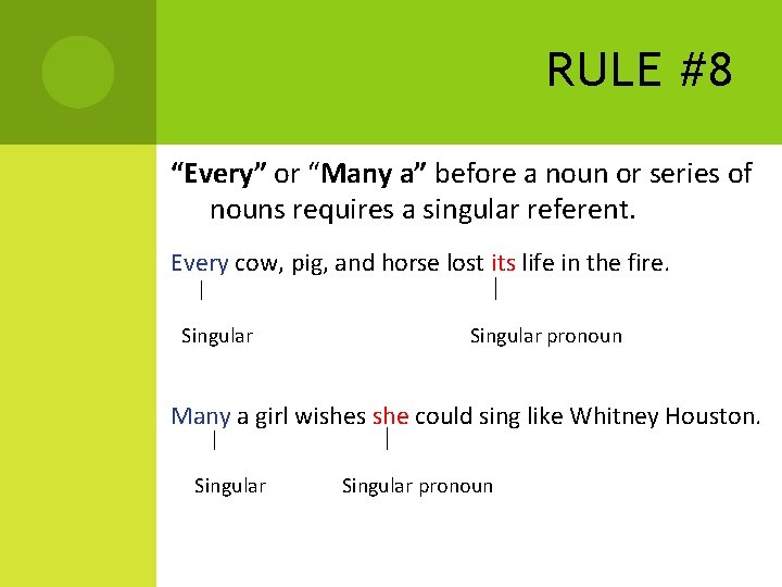 RULE #8 “Every” or “Many a” before a noun or series of nouns requires