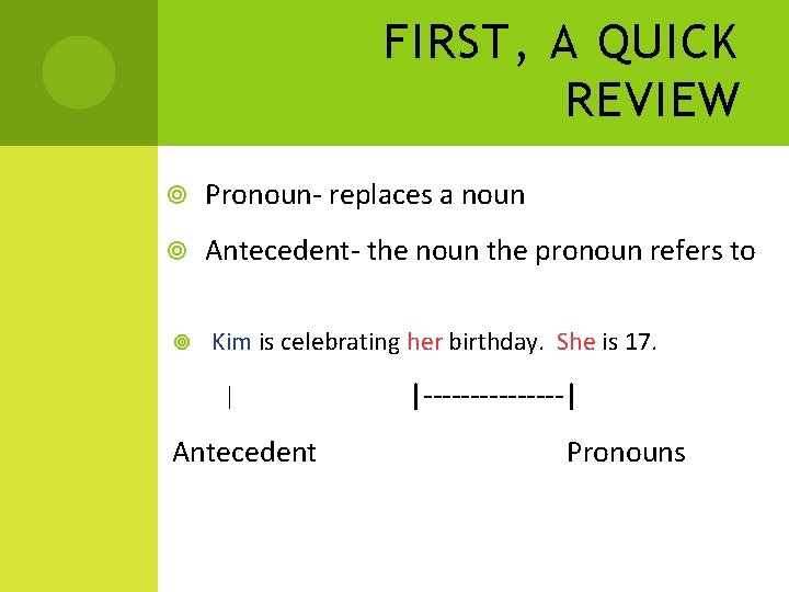 FIRST, A QUICK REVIEW Pronoun- replaces a noun Antecedent- the noun the pronoun refers