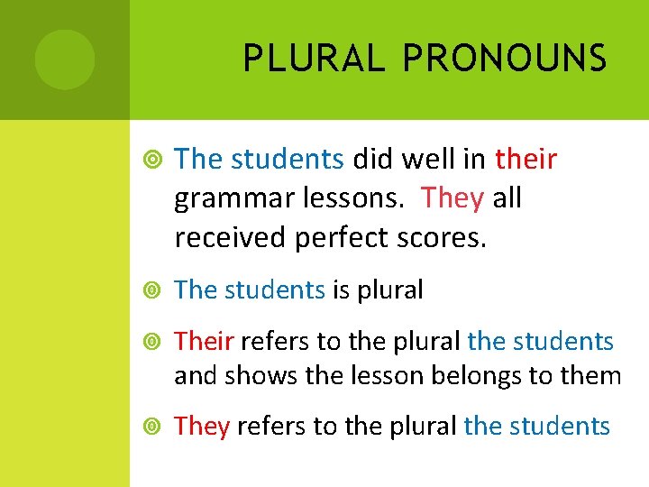 PLURAL PRONOUNS The students did well in their grammar lessons. They all received perfect