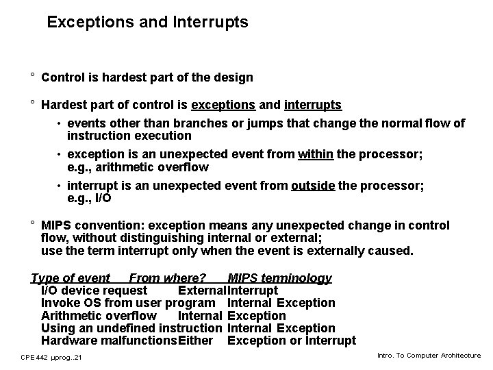 Exceptions and Interrupts ° Control is hardest part of the design ° Hardest part