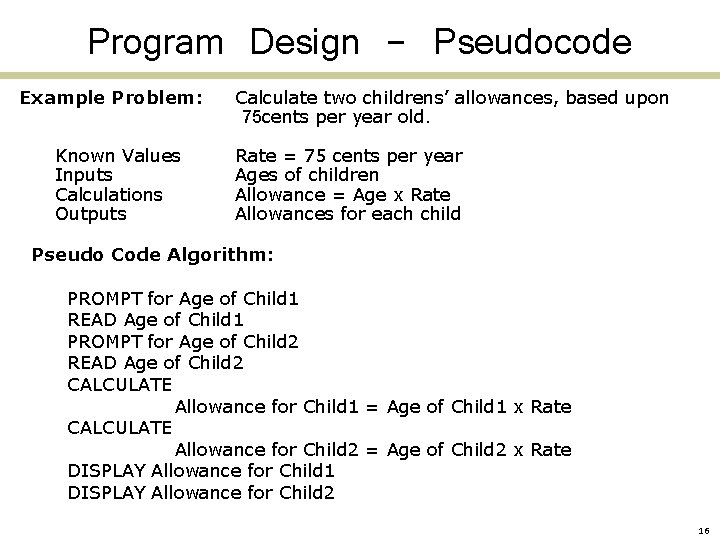 Program Design - Pseudocode Example Problem: Known Values Inputs Calculations Outputs Calculate two childrens’