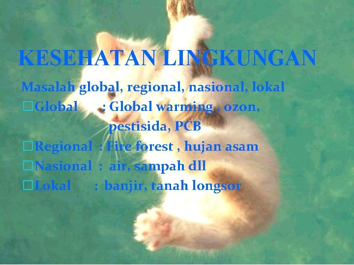 KESEHATAN LINGKUNGAN Masalah global, regional, nasional, lokal �Global : Global warming , ozon, pestisida,