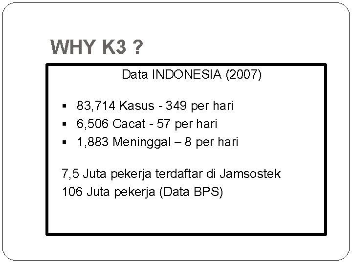 WHY K 3 ? Data INDONESIA (2007) § 83, 714 Kasus - 349 per