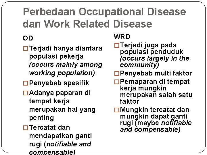 Perbedaan Occupational Disease dan Work Related Disease OD � Terjadi hanya diantara populasi pekerja