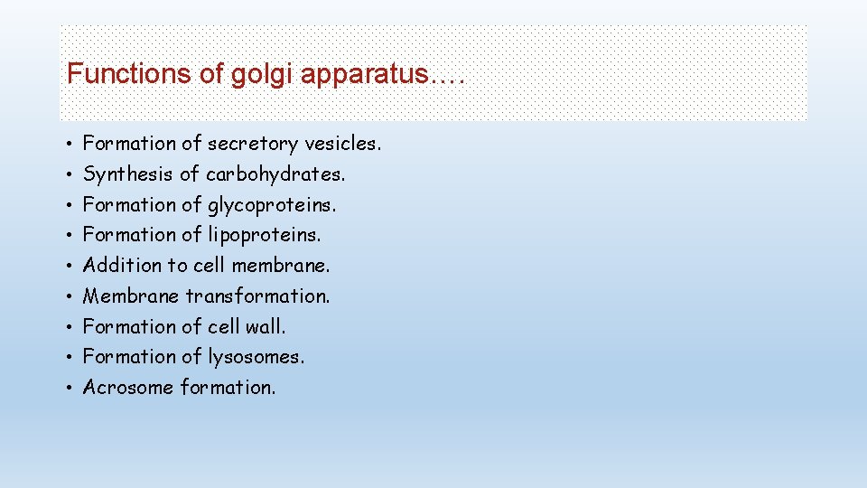 Functions of golgi apparatus…. • Formation of secretory vesicles. • Synthesis of carbohydrates. •