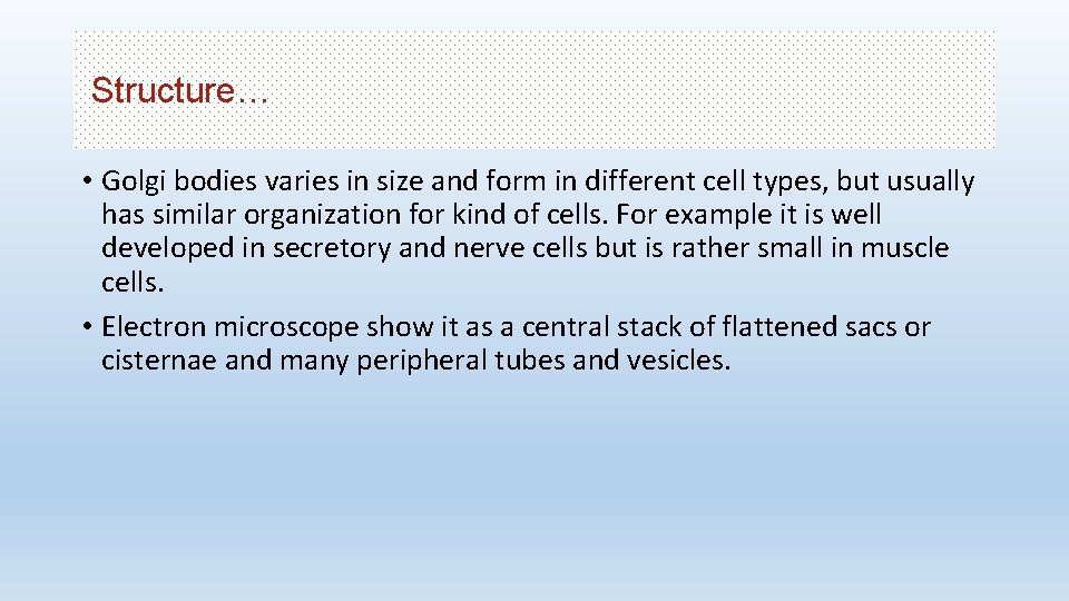 Structure… • Golgi bodies varies in size and form in different cell types, but