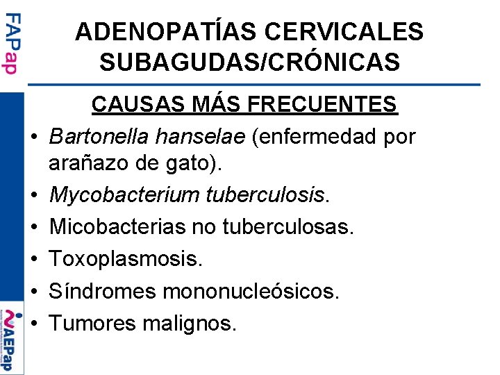 ADENOPATÍAS CERVICALES SUBAGUDAS/CRÓNICAS • • • CAUSAS MÁS FRECUENTES Bartonella hanselae (enfermedad por arañazo