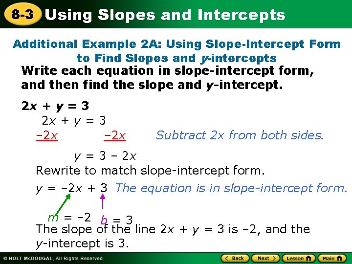 8 -3 Using Slopes and Intercepts Additional Example 2 A: Using Slope-Intercept Form to