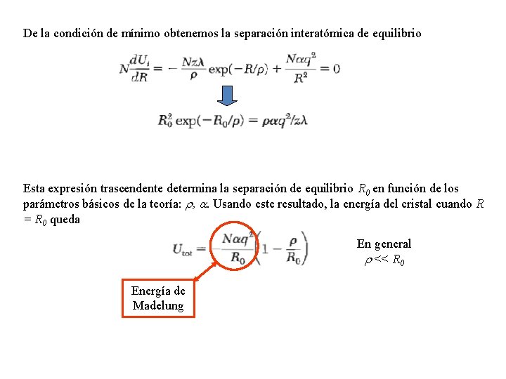 De la condición de mínimo obtenemos la separación interatómica de equilibrio Esta expresión trascendente