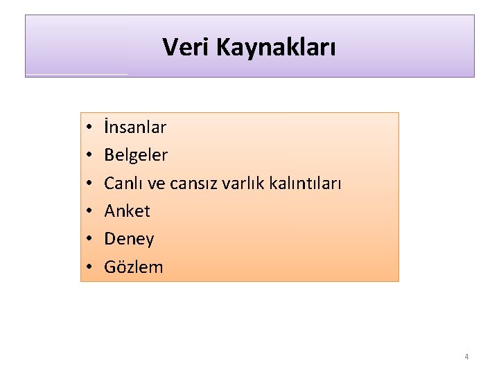 Veri Kaynakları • • • İnsanlar Belgeler Canlı ve cansız varlık kalıntıları Anket Deney